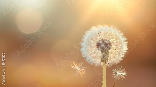  A dandelion floats in the wind against a hazy brown and orange backdrop  illuminated by the sun