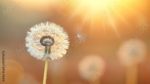  A dandelion sways in the wind as the sun shines down  illuminating the background dandelions