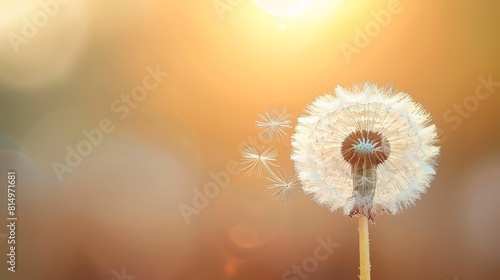  A dandelion sways in the wind  sun shining behind  background softly blurred