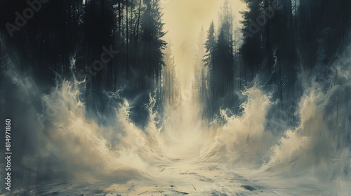 A surreal digital artwork depicting a mystical forest with trees morphing into waves, creating a dramatic and ethereal scene. photo