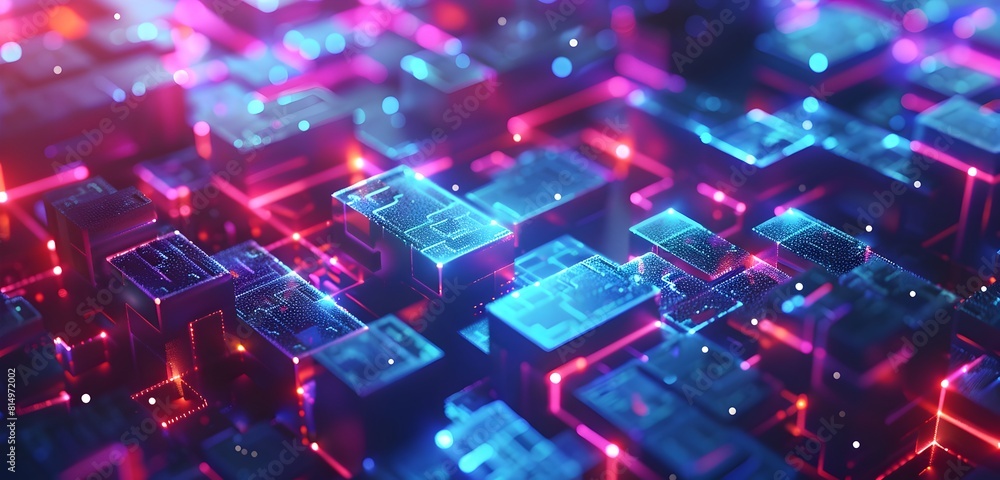 Abstract digital technology background with glowing holographic maze and cubes on dark blue background, futuristic design concept for banner or presentation of computer science, data transfer Abstract digital technology background with glowing holographic maze and cubes on dark blue background, futuristic design concept for banner or presentation of computer science, data transfer