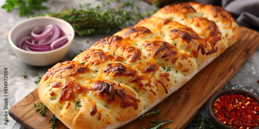 Delicious Cheese and Herb-Topped Freshly Baked Bread on a Wooden Board. Concept Food Photography, Artisanal Baking, Fresh Ingredients, Rustic Presentation, Homemade Creations Delicious Cheese and Herb-Topped Freshly Baked Bread on a Wooden Board. Concept Food Photography, Artisanal Baking, Fresh Ingredients, Rustic Presentation, Homemade Creations