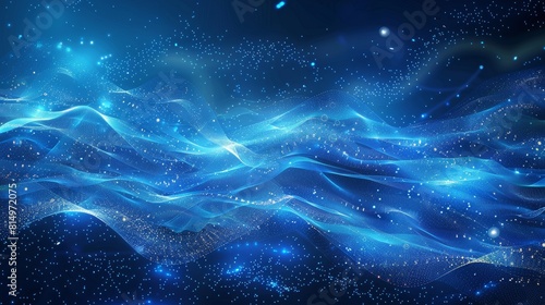 Glowing blue digital waves with sparkling particles, representing modern technology © Viktoriia