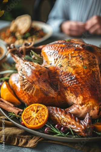 Festive family dinner turkey on table, thanksgiving christmas new year s celebration