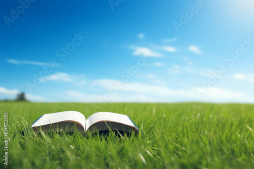 An open book on green grass evokes a peaceful summer afternoon spent learning in nature.