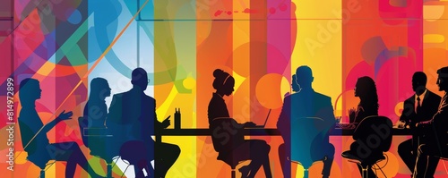 Vibrant silhouette of professionals in a meeting with abstract background