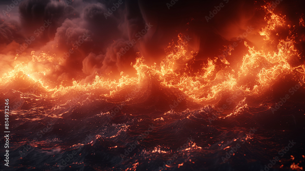 Dramatic scene of fiery waves in a dark ocean under stormy skies, depicting a surreal and intense natural disaster. Dramatic scene of fiery waves in a dark ocean under stormy skies, depicting a surreal and intense natural disaster.