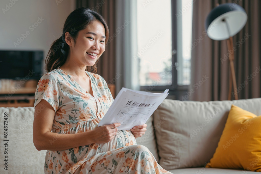 Portrait of happy pregnant Asian woman is sitting on the sofa in the living room, holding a document or letter with good news. Good news, excellent pregnancy tests, bank loan approval Portrait of happy pregnant Asian woman is sitting on the sofa in the living room, holding a document or letter with good news. Good news, excellent pregnancy tests, bank loan approval