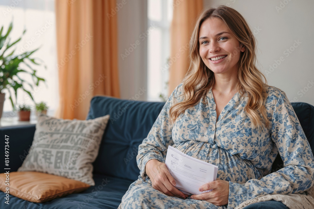 Happy pregnant European woman is sitting on the sofa in the living room, holding a document or letter with good news in her hand. Good news, excellent pregnancy tests, bank loan approval Happy pregnant European woman is sitting on the sofa in the living room, holding a document or letter with good news in her hand. Good news, excellent pregnancy tests, bank loan approval
