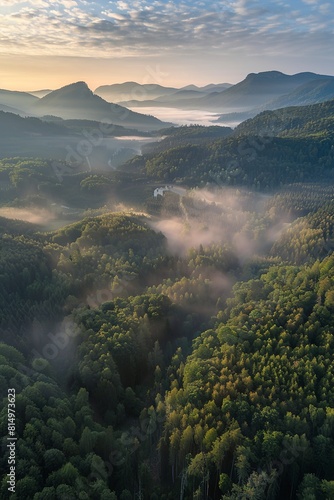 Beautiful mountains and forest in morning. Drone photo