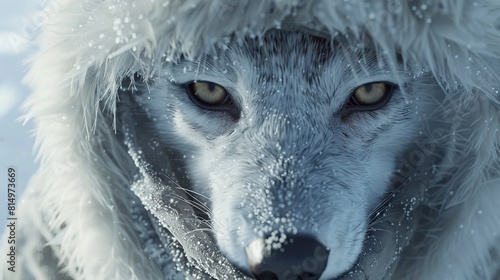 A close up of a white wolf's face. The wolf's eyes are yellow and its fur is covered in snow.