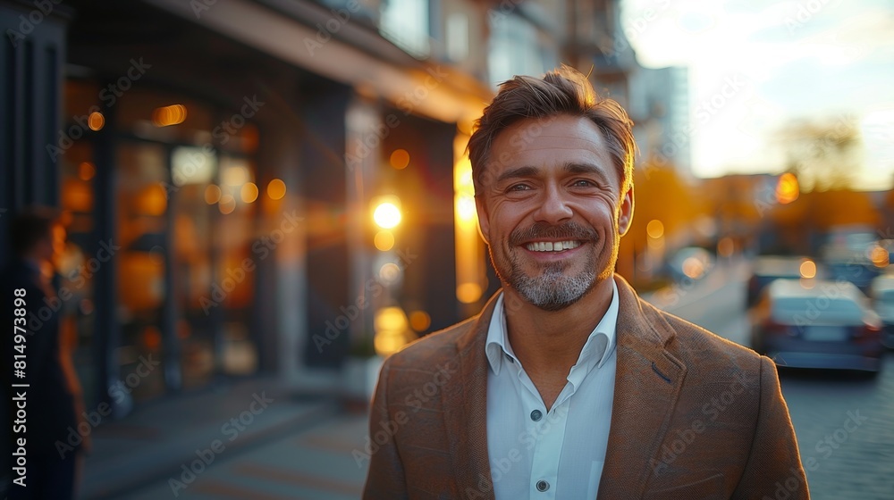 Obraz premium A man stands on a street, smiling directly at the camera.