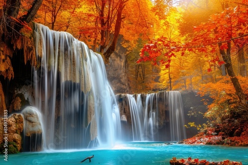 Colorful Nature. Stunning Waterfall in Vibrant Autumn Forest During Fall Season