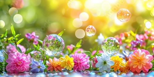 Vibrant flowers set against a backdrop of bubbles