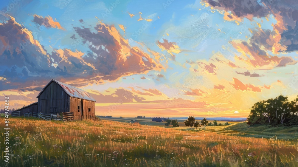 Farmstead in Minnesota: Landscape of Old Barn at Sunset with Sky Background Farmstead in Minnesota: Landscape of Old Barn at Sunset with Sky Background