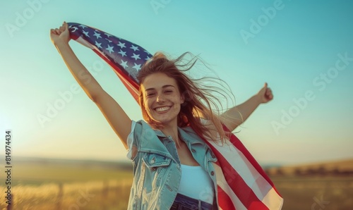 happy woman holding an American flag over her head with clear sky in the background.