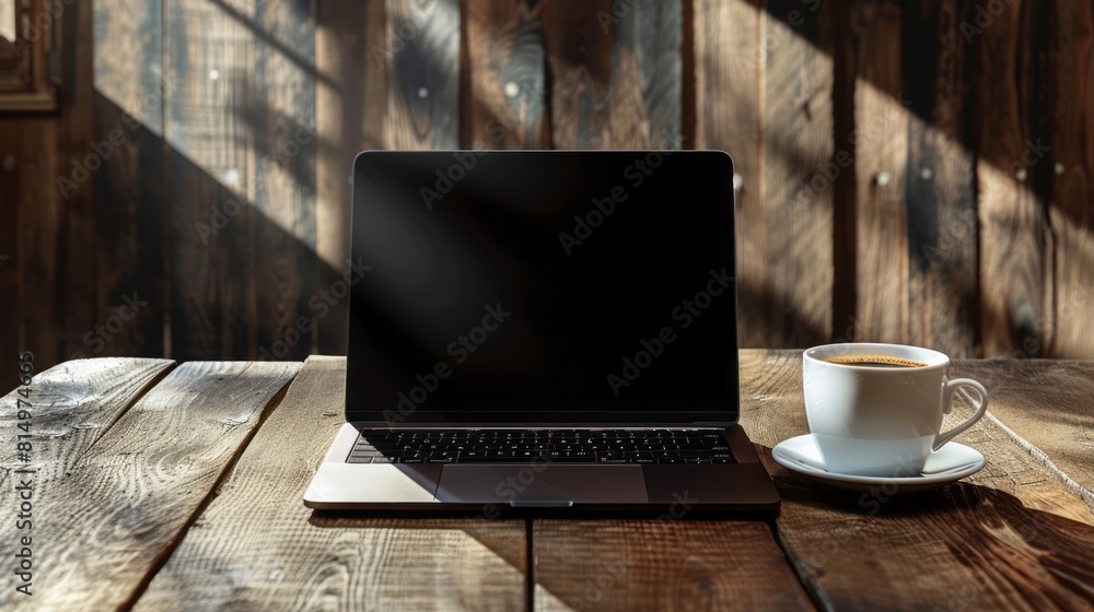 Laptop on wooden table, with cup of coffee. front view. world wide web day Laptop on wooden table, with cup of coffee. front view. world wide web day