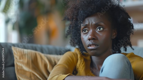 Close up african female sit on couch feels unhappy photo