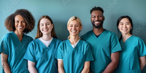 Diverse group of healthcare professionals in medical scrubs smiling confidently at the camera