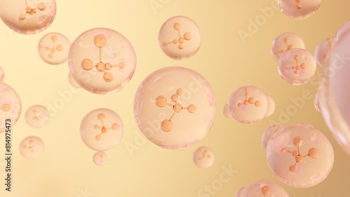 Cosmetic 3d Golden liquid bubbles on a bright background. Molecule inside a liquid bubble. Moisturizing Cream and Serum Concept. Vitamin for personal care and beauty concept. 
