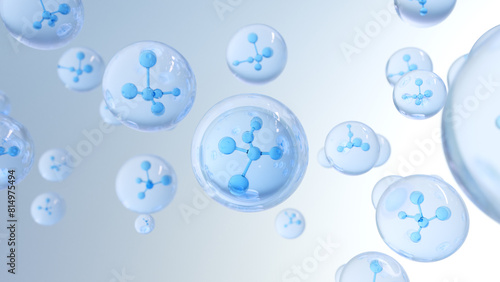 3D rendering Cosmetics Serum bubbles on defocus background. Collagen bubbles Design. Molecule inside a liquid bubble. Essence Ball Molecules.