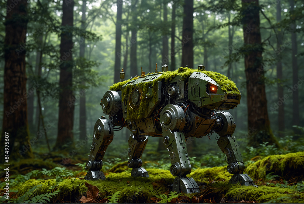 A mossy robot dog that was thrown away in the forest is now alive again A mossy robot dog that was thrown away in the forest is now alive again