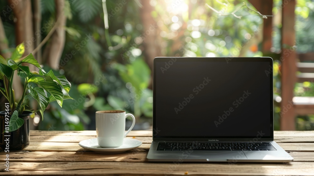 Laptop on wooden table, with cup of coffee. front view. world wide web day Laptop on wooden table, with cup of coffee. front view. world wide web day