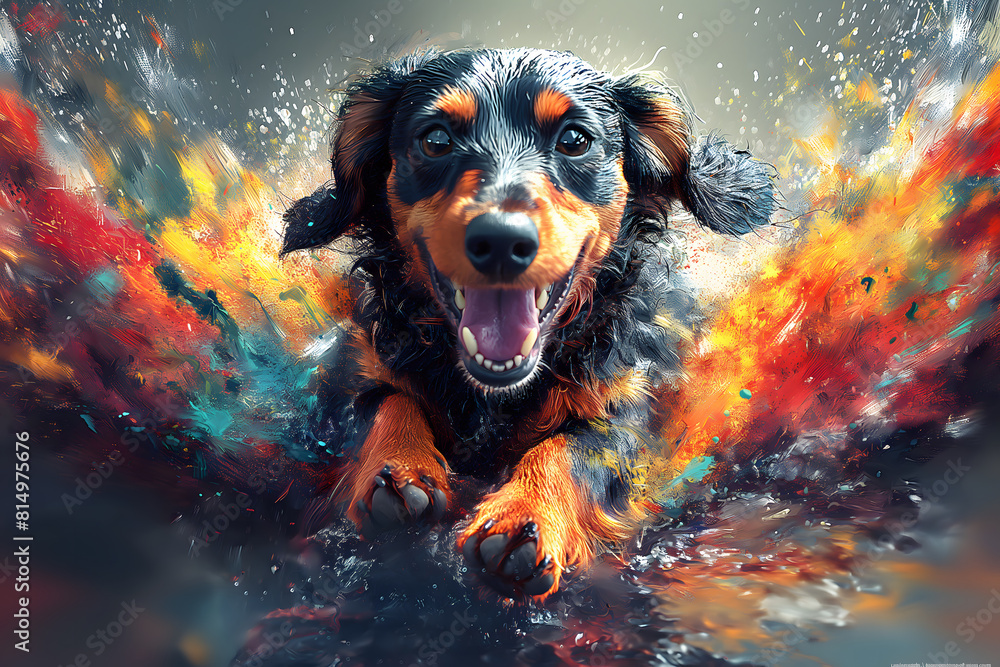 A dachshund in full roar, charging forward with a fierce expression. The image is captured in a dynamic colours. Splashes and splatters around the dachshund