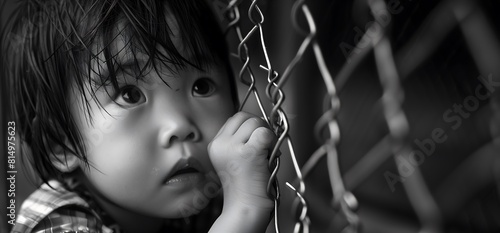 Child trapped an illegal locked with chains Littleboy confined behind bars with dirty scratched face gazes with hope illegal immigration human trafficking concept 