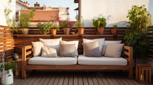wooden terrace and comfort sofa furniture set on balcony terrace
