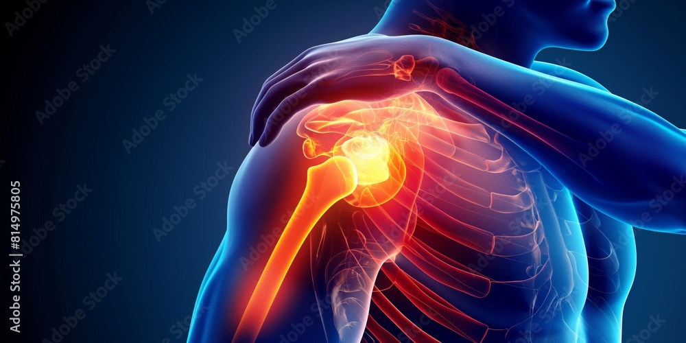 3D medical illustration emphasizing pain in the human shoulder with highlighted area