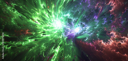 Red, white, and blue swirl with radiant green and violet abstract fireworks.