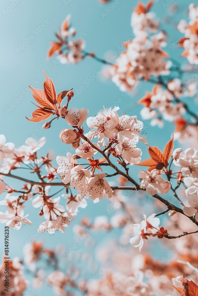 Fototapeta premium Closeup view of blossoming tree against blue sky on sprint