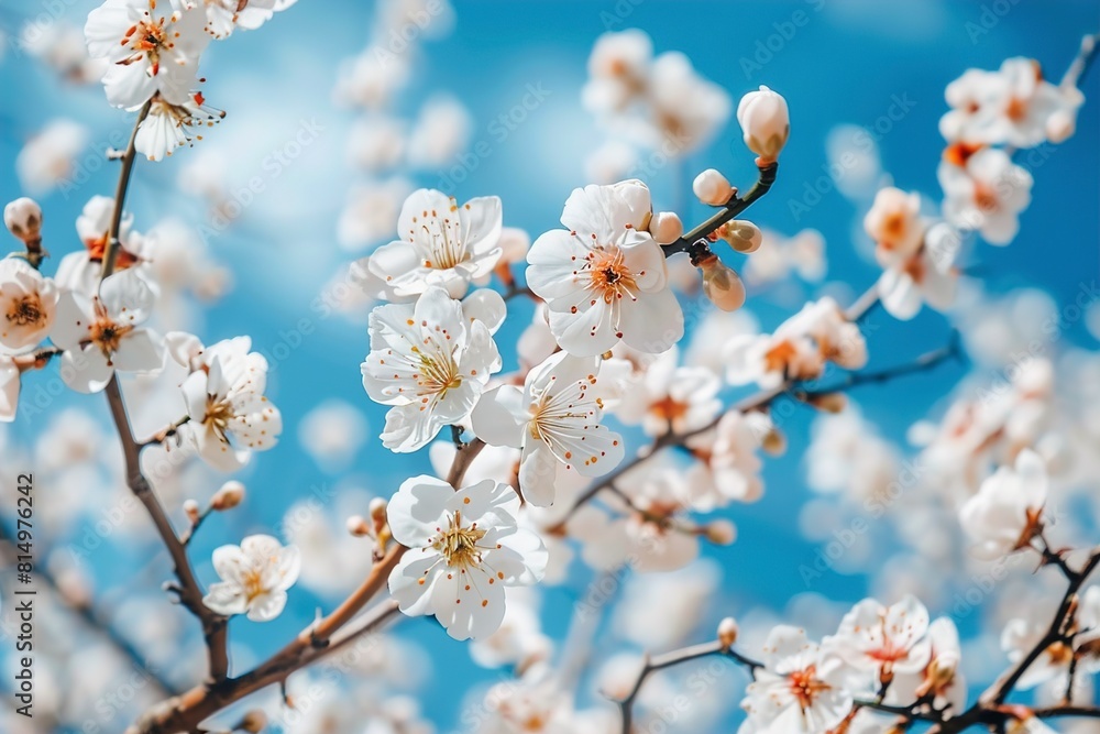Closeup view of blossoming tree against blue sky on sprint Closeup view of blossoming tree against blue sky on sprint