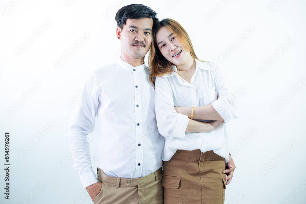 Young Asian couple isolated on white background,Happy Asian couple presenting or showing open hand palm with copy space for product isolated over white background Young Asian couple isolated on white background,Happy Asian couple presenting or showing open hand palm with copy space for product isolated over white background