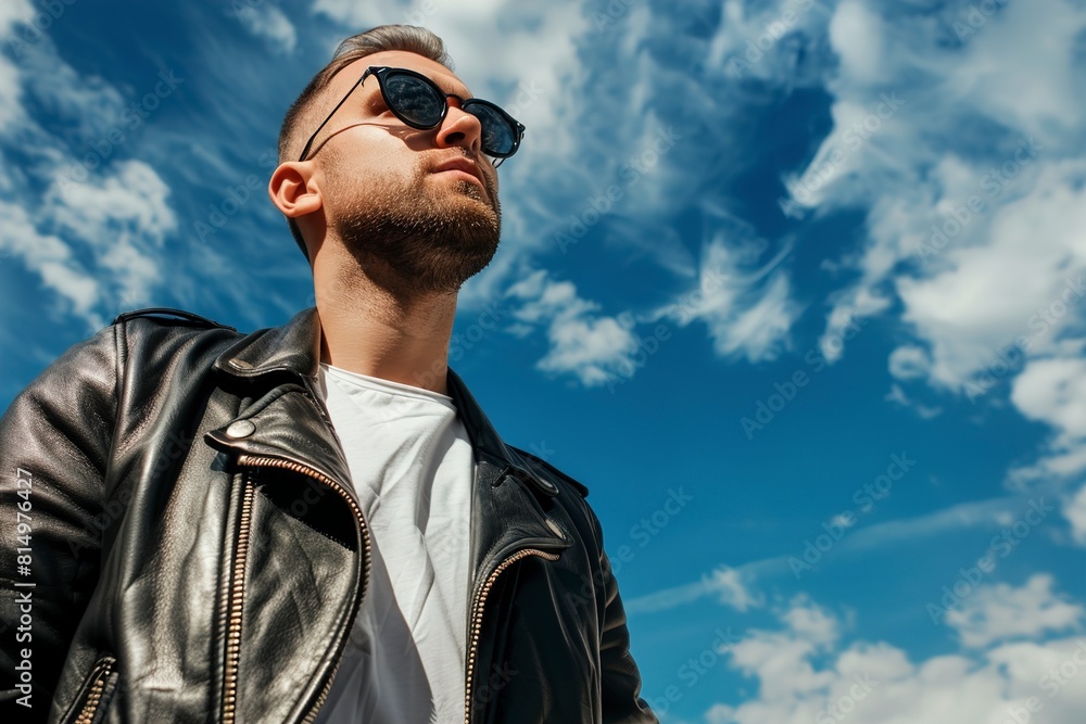 Confident handsome man in sunglasses and leather jacket Confident handsome man in sunglasses and leather jacket