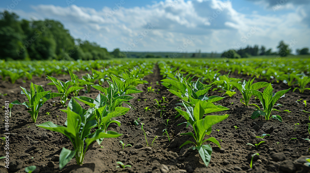 Young corn plants growing in a field with rich soil under a clear sky, showcasing early stages of agriculture. Young corn plants growing in a field with rich soil under a clear sky, showcasing early stages of agriculture.