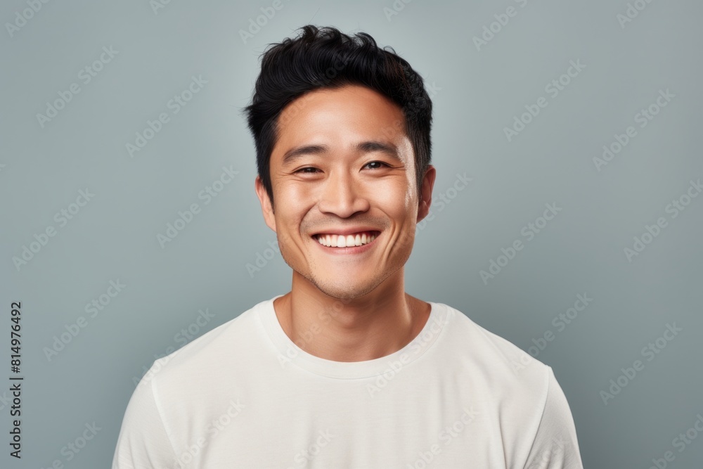 Portrait of a content asian man in his 30s smiling at the camera on pastel gray background Portrait of a content asian man in his 30s smiling at the camera on pastel gray background