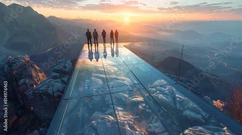 Engineering team upgrading a mountain skywalk with transparent glass flooring, merging safety with spectacular views photo