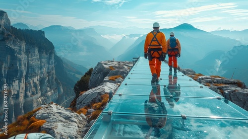 Construction engineers installing glass floors on a skywalk pathway along a steep mountain, a blend of innovation and nature --ar photo