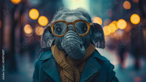 A cartoon elephant wearing glasses and a scarf photo