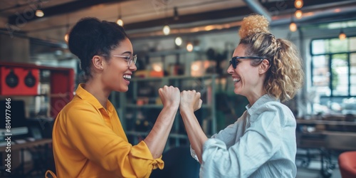 Two female office workers sharing a friendly competitive fist bump in a creative workspace