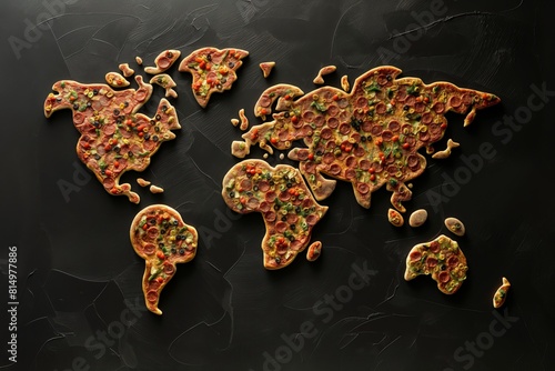 map of the world made of pizzas on black background