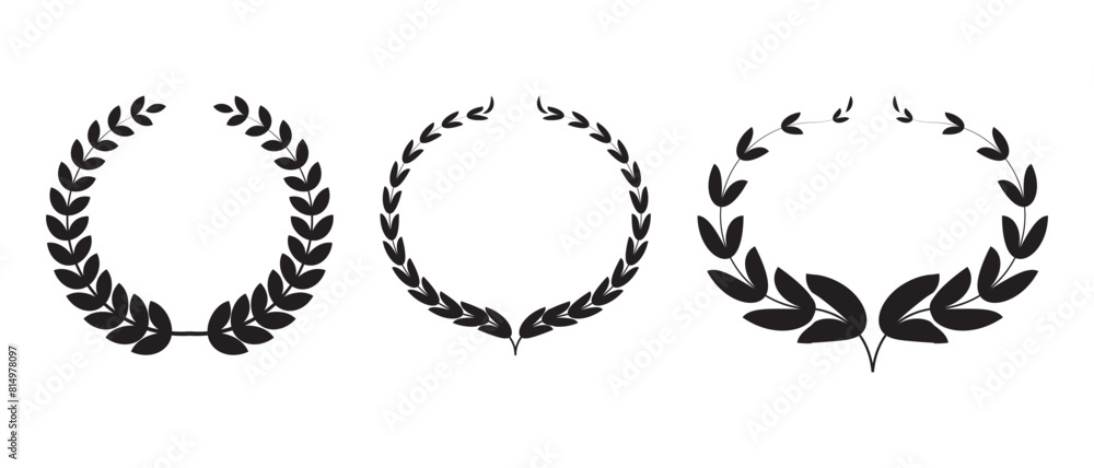 Silhouette Laurel wreath icon set. Laurel wreath with Heraldic trophy crest, Medal, Frame, award, winner round emblem. Laurel wreath placed on white background. Vector illustration. Silhouette Laurel wreath icon set. Laurel wreath with Heraldic trophy crest, Medal, Frame, award, winner round emblem. Laurel wreath placed on white background. Vector illustration.
