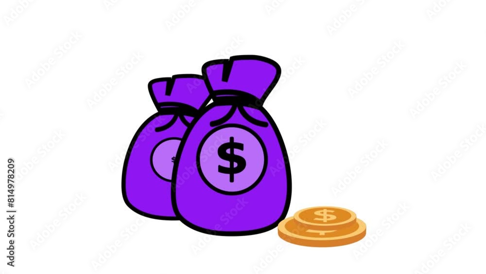 Dollar coin purple money bag animation white background Dollar coin purple money bag animation white background