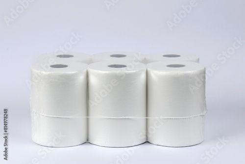 Toilet paper package white mock up with transparent wrapping