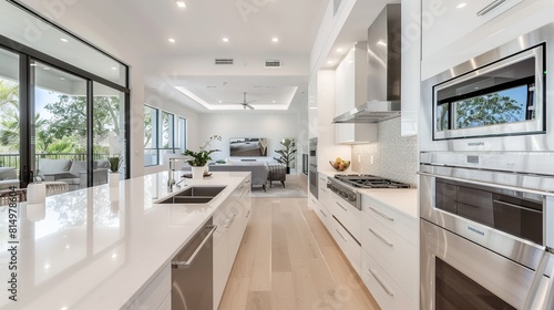 A  modern kitchen with white cabinets  a stainless steel refrigerator  and a large oven. There is a kitchen island with a sink and a seating area. 