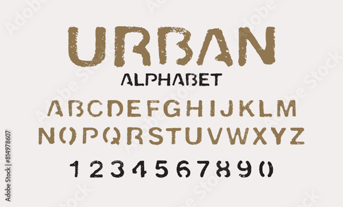 set of letters and numbers of the latin alphabet. Font urban stencil with in grunge style photo