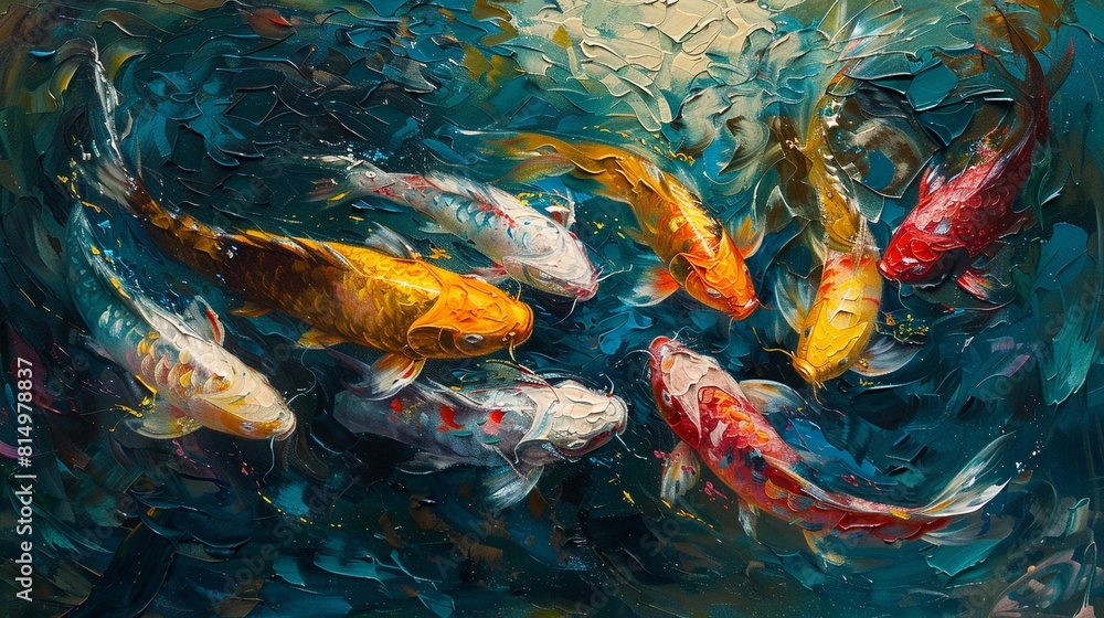 A group of koi fish are swimming in a blue pond. The fish are all different colors, including red, orange, yellow, and white. The pond is surrounded by green plants. The painting is done in a realisti