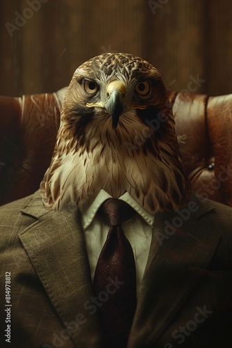 A hawk wearing a suit and tie sits in a leather chair.